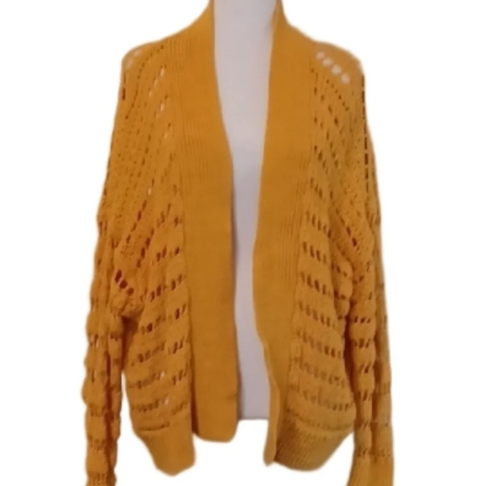 -- Yellow Open-Knit Women's Cardigan - Picture 2 of 8